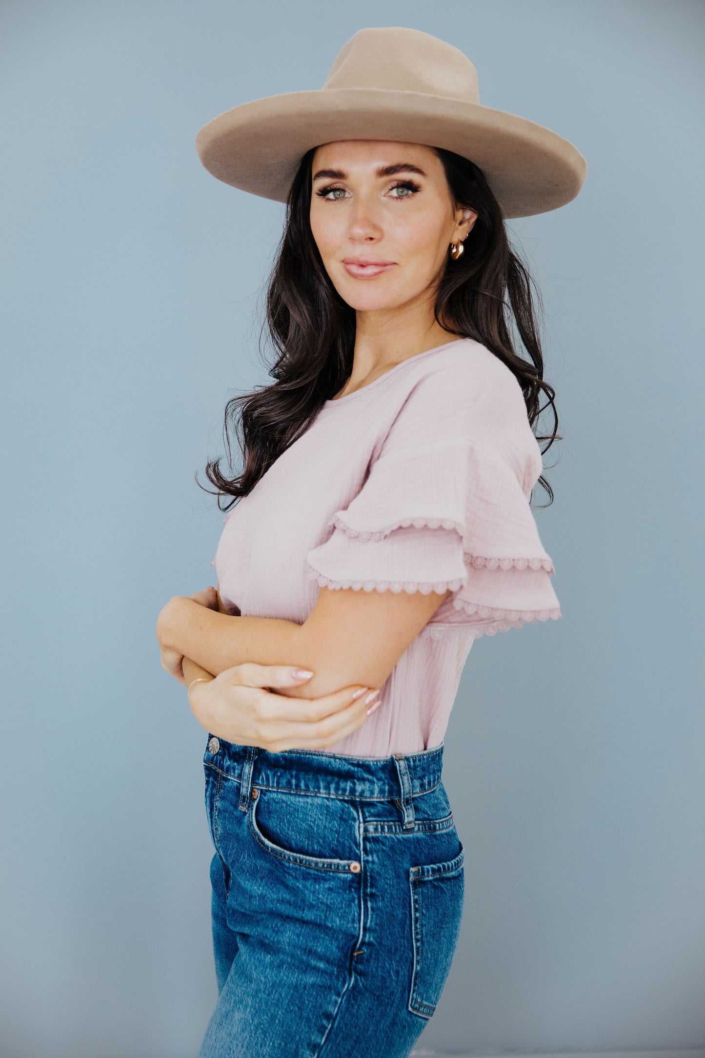 LACE TRIM BLOUSE IN ELDERBERRY FINAL SALE