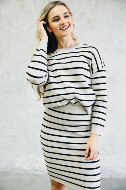 STRIPED KNIT SWEATER IN LATTE