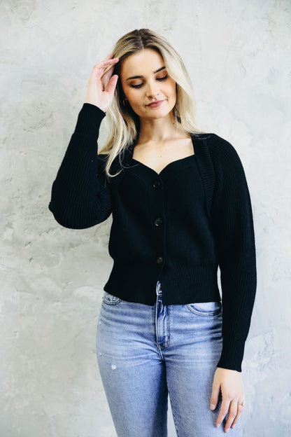 SWEETHEART BUTTON CARDIGAN IN BLACK