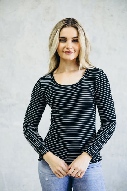 LONG SLEEVE RIBBED TEE IN BLACK STRIPE FINAL SALE