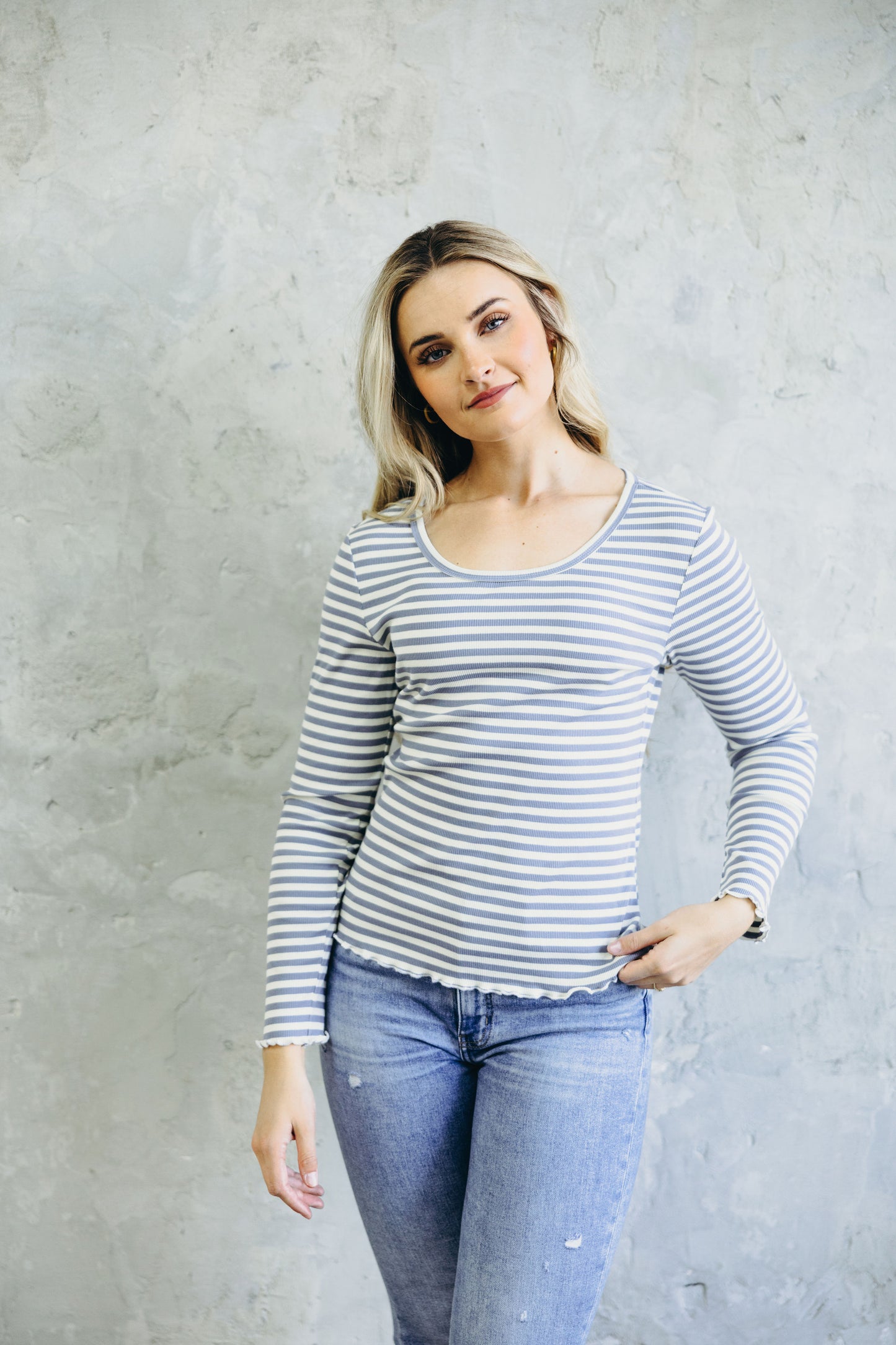 LONG SLEEVE RIBBED TEE IN CORNFLOWER BLUE STRIPE FINAL SALE