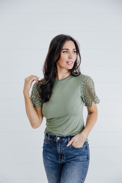 CROCHET SLEEVE TOP IN PEBBLE GREEN