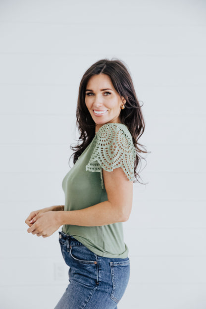 CROCHET SLEEVE TOP IN PEBBLE GREEN