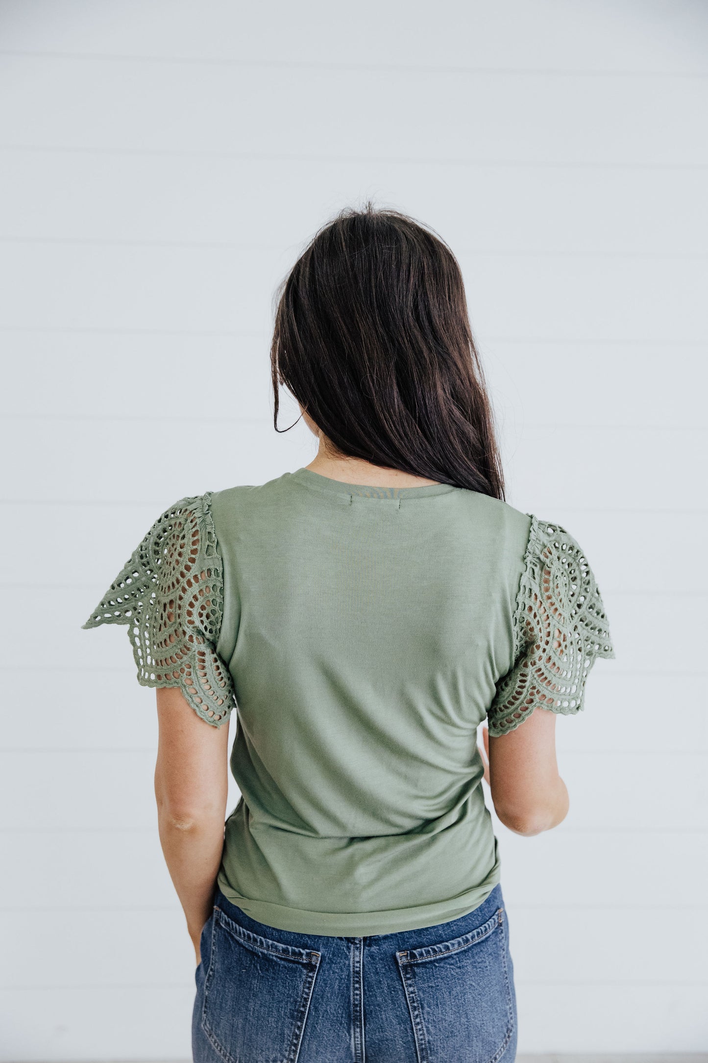 CROCHET SLEEVE TOP IN PEBBLE GREEN