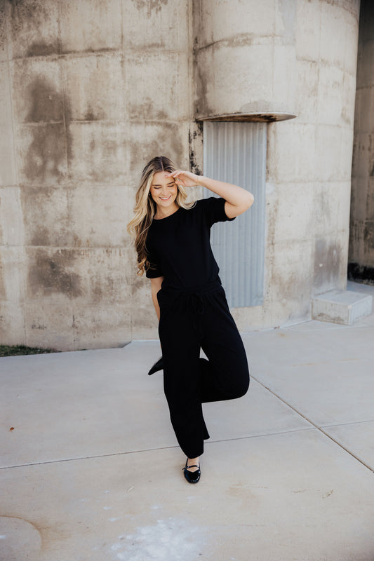 RIBBED KNIT SLOUCHY PANT IN BLACK FINAL SALE