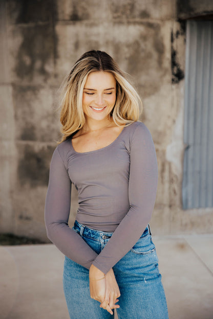 RIBBED LONG SLEEVE BODYSUIT IN CLOUDBURST