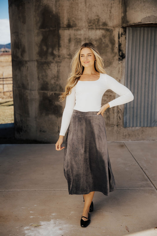 VELVET CORD SKIRT IN DARK GRAY