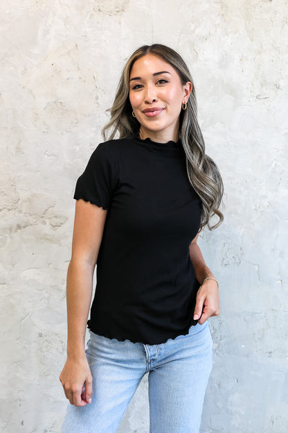 MOCK NECK RIBBED TEE IN BLACK