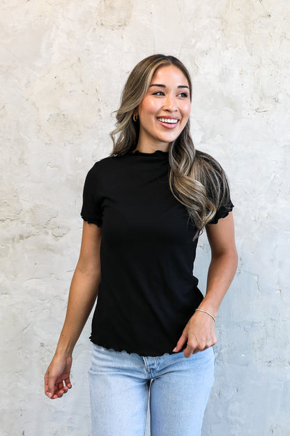 MOCK NECK RIBBED TEE IN BLACK