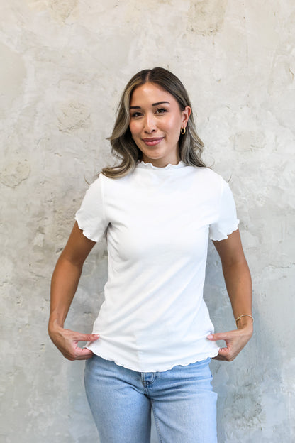 MOCK NECK RIBBED TEE IN IVORY