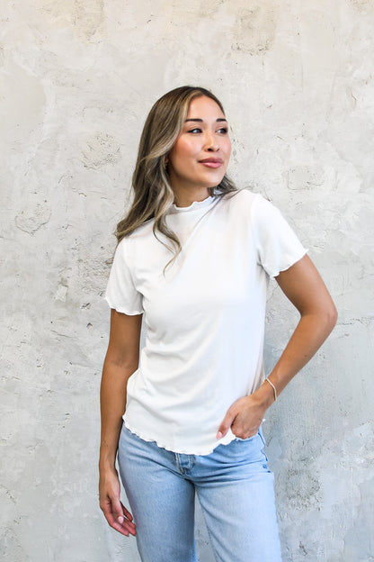 MOCK NECK RIBBED TEE IN IVORY