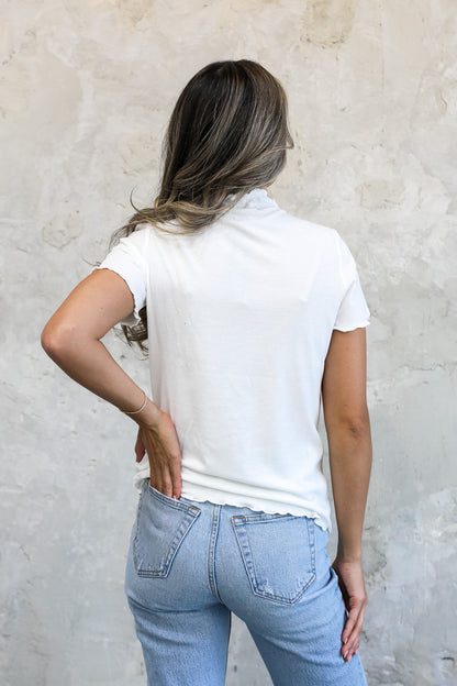 MOCK NECK RIBBED TEE IN IVORY