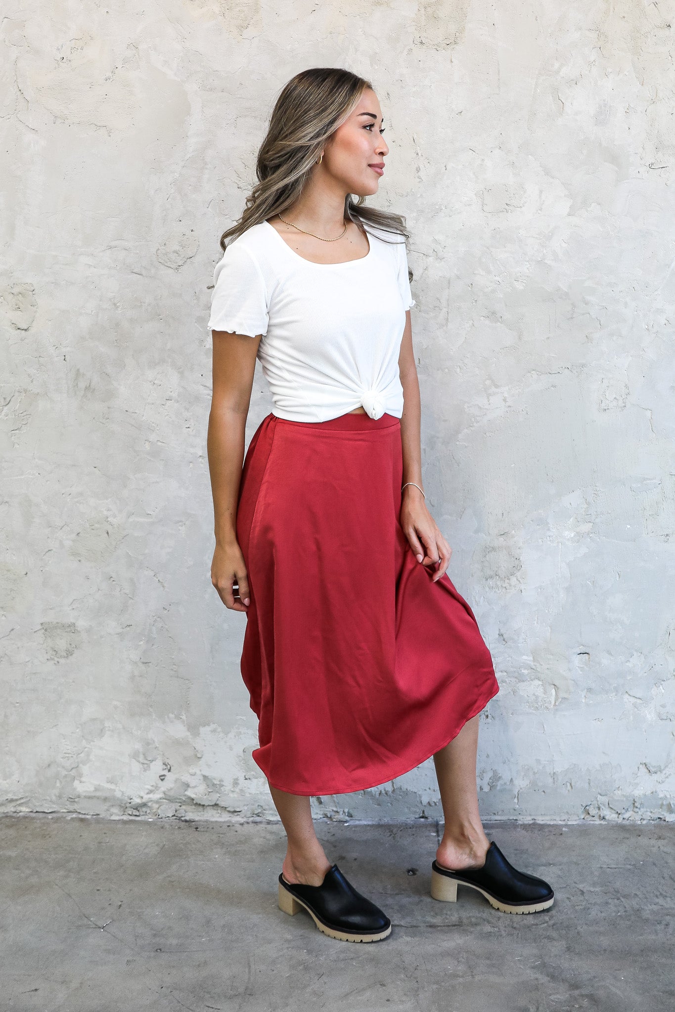 SILK MIDI SKIRT IN BRICK FINAL SALE