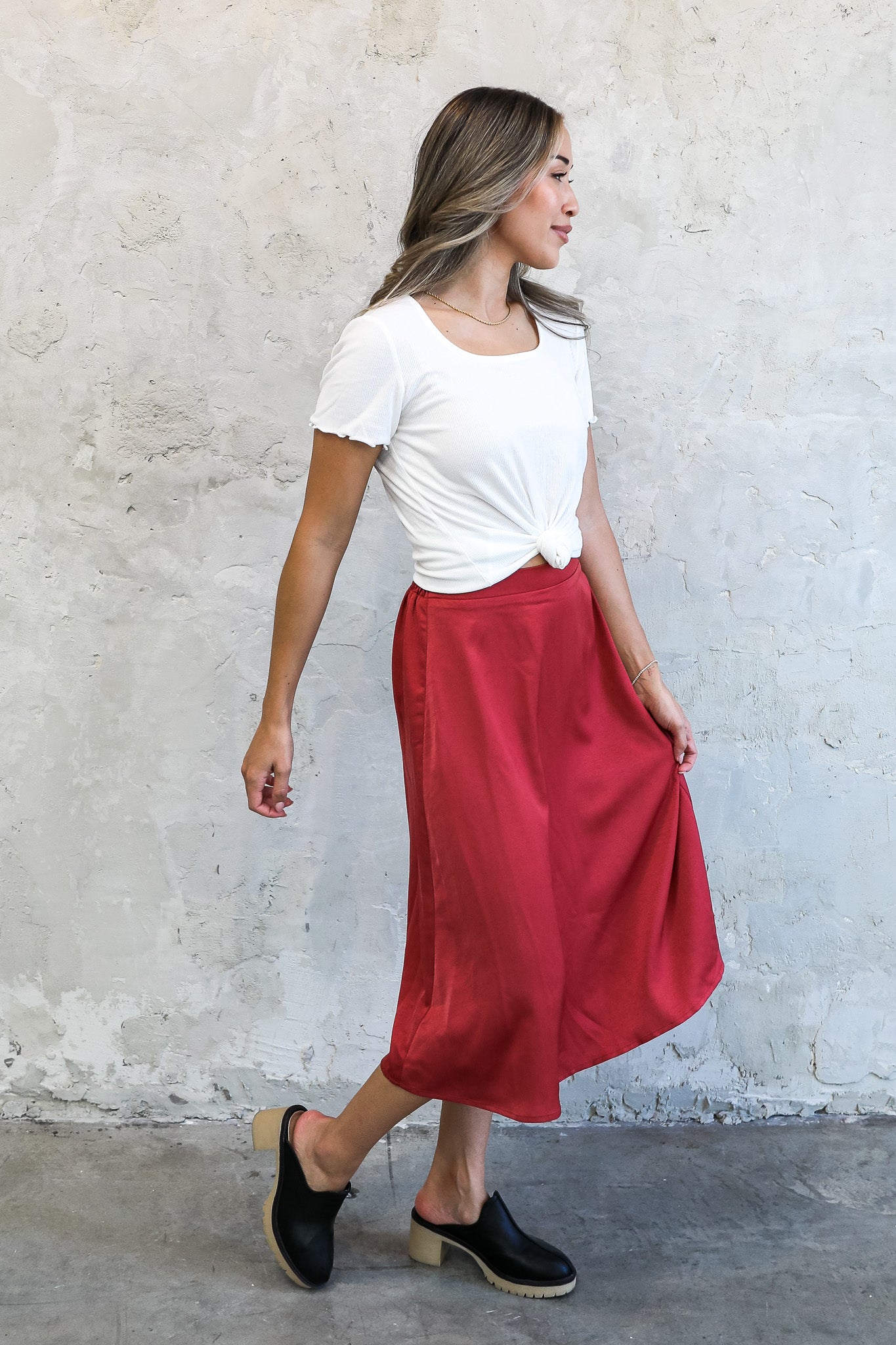 SILK MIDI SKIRT IN BRICK FINAL SALE