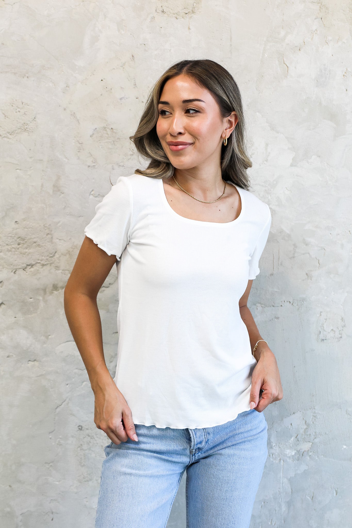 SQUARENECK RIBBED TEE IN IVORY